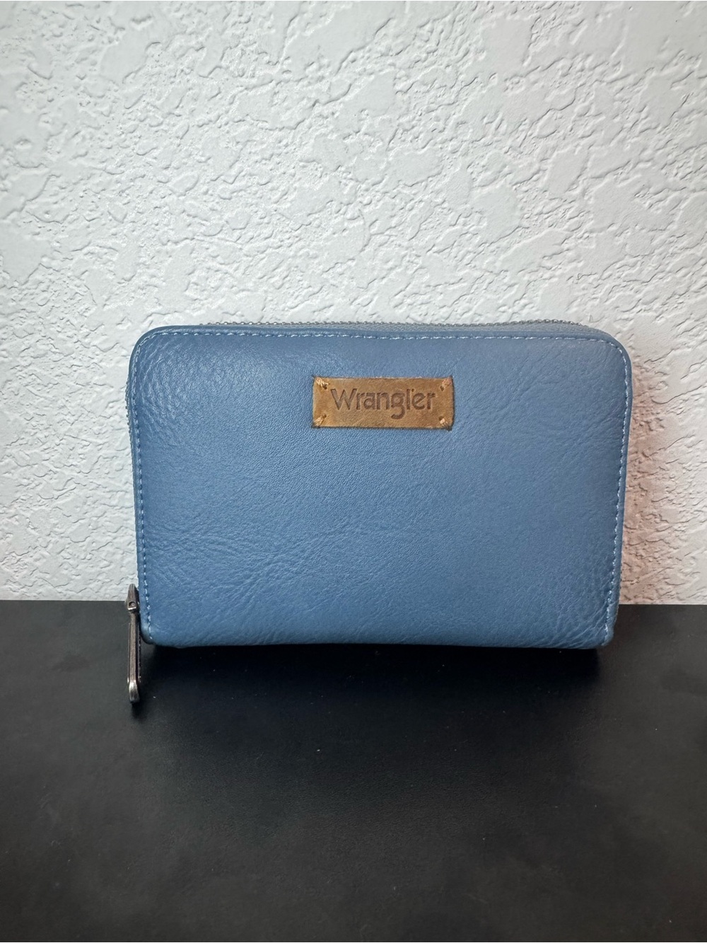Wrangler Blue Zip Wallet with Brass Nameplate